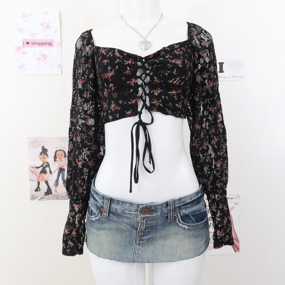 TOPSHOP Black Floral Lace Corset Crop Top Long Sleeve Square Neck